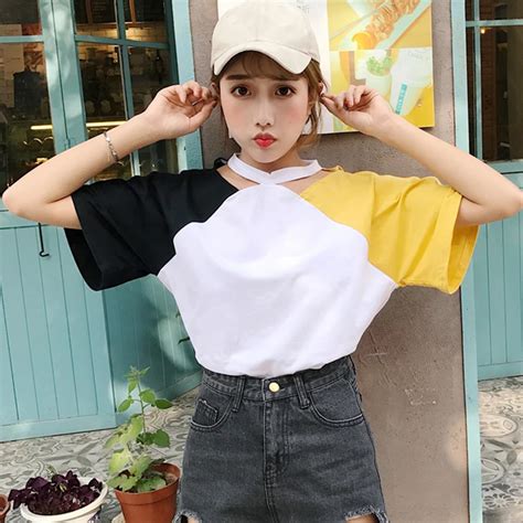 Yougeman Tee Shirt Femme Summer Woman Clothing Korean Style Ulzzang Harajuku Solid Patchwork