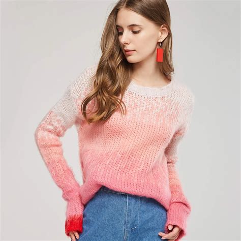 2018 fall sweet preppy style office lady casual pink women sweaters loose pullover gradient