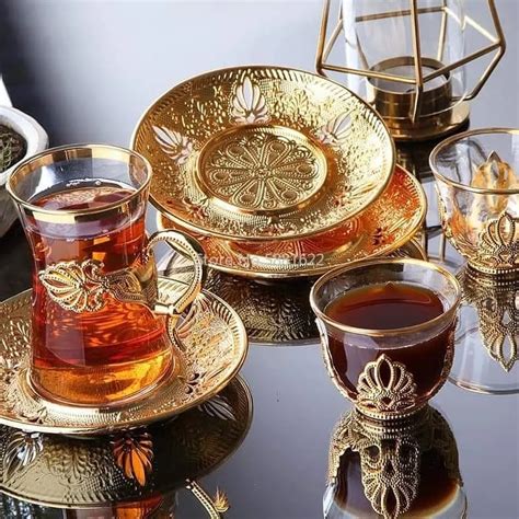 Handmade Authentic Gold Silver Anatolian Arabic Turkish Tea Cups And