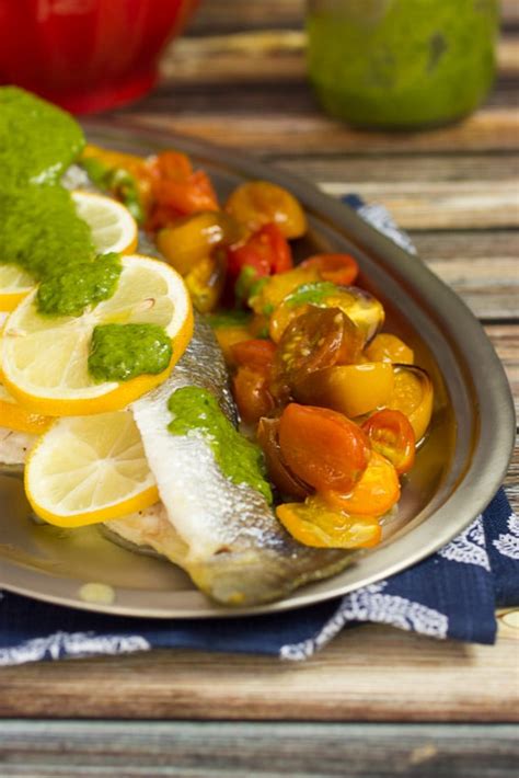 Roasted Branzino With Tomatoes And Lemon Basil Sauce The Girl In The Little Red Kitchen