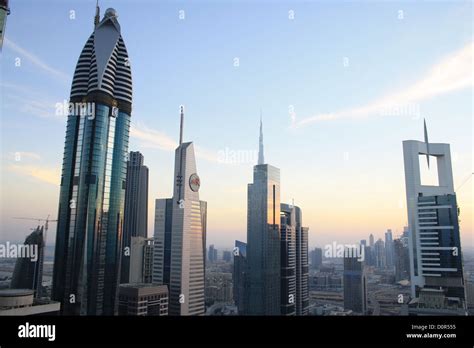 Sheikh Zayed Road Dubai Skyline At Sunset Stock Photo Alamy