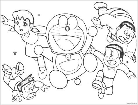 Cheerful Doraemon With His Friends Coloring Page Free Printable