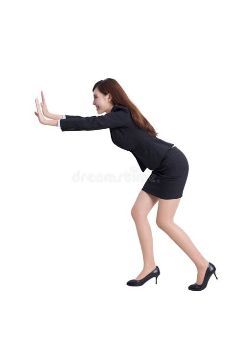 Serious Business Woman Push Something Stock Photo Image Of Heavy