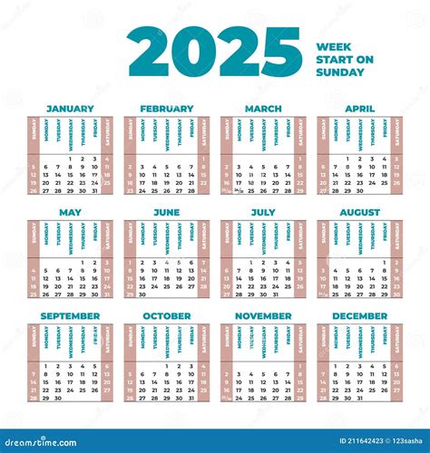 Plantilla De Calendario De 2025 Con Semanas Que Comienzan El Domingo
