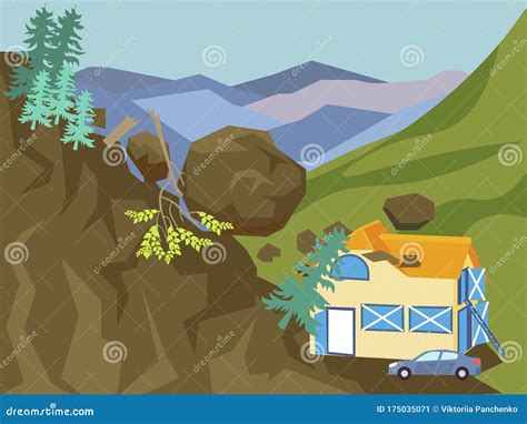 Landslide Earth Divergence Ecological Disaster Cartoon Vector