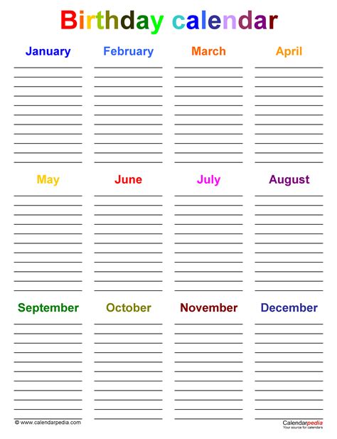 Free Birthday Calendar Template Word Free Printable Templates