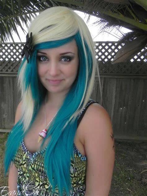 Halloween Sale Blonde And Teal Long Straight Layered Wig Green Blue