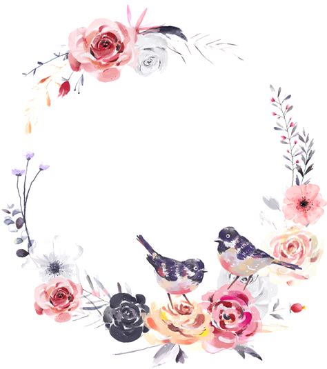 Download Dreamlike Watercolor Flower And Bird Wreath Png Transparent