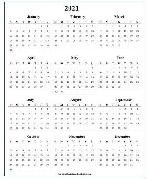 One Page Calendar 2021 Free Printable Template Printable The Calendar
