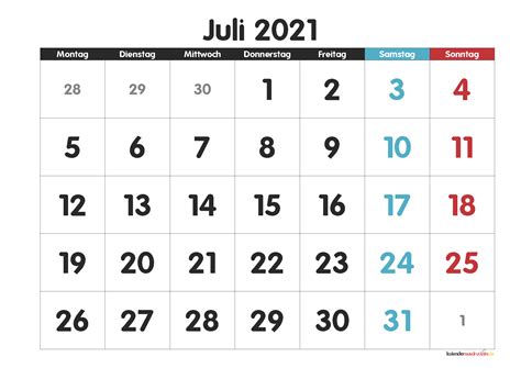 Kalender Juli 2021 Ausdrucken Druckbarer 2021 Kalender