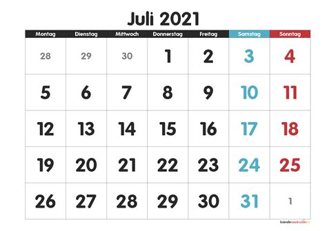 Leerer kalender für den druck januar 2021. Kalender Juli 2021 Ausdrucken | Druckbarer 2021 Kalender