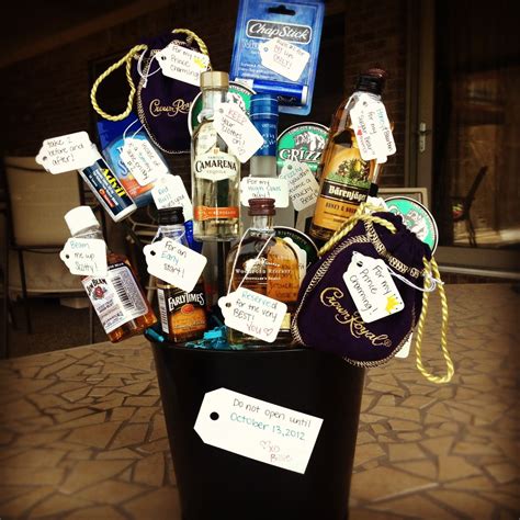 The first type is more along the lines of gear or swag. Keith's liquor basket I made for Chris's bachelor party ...