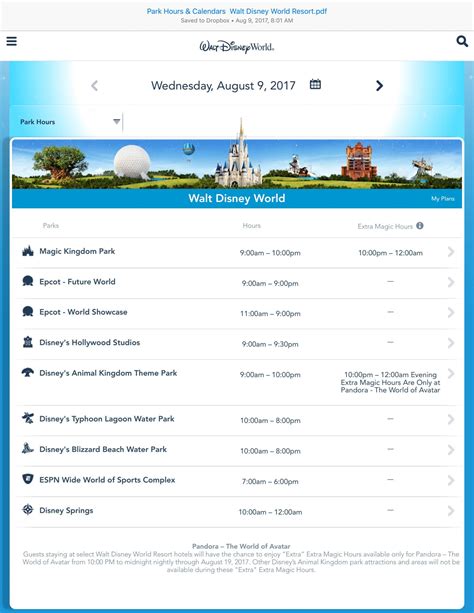Dropbox Park Hours And Calendars Walt Disney World Resortpdf Disney