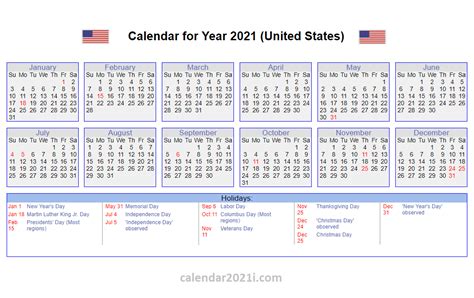 Us 2021 Calendar With Holidays United States Printable Calendar 2021