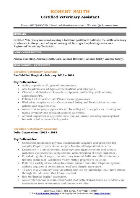 Certified Veterinary Assistant Resume Samples Qwikresume
