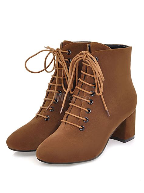 Women Lace Up Ankle Boots Suede Square Toe Mid Low Block Heel Booties