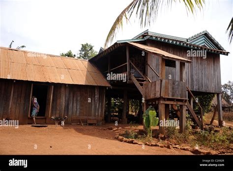 Typical Cambodian Countryside Wooden Stilt Home In Bou Sraa Village