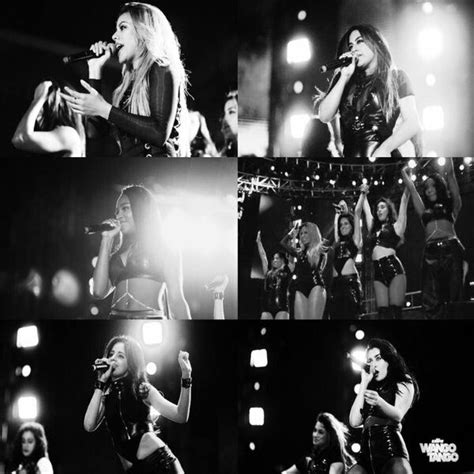 black and white photo collage of girls singing on stage with lights in the background