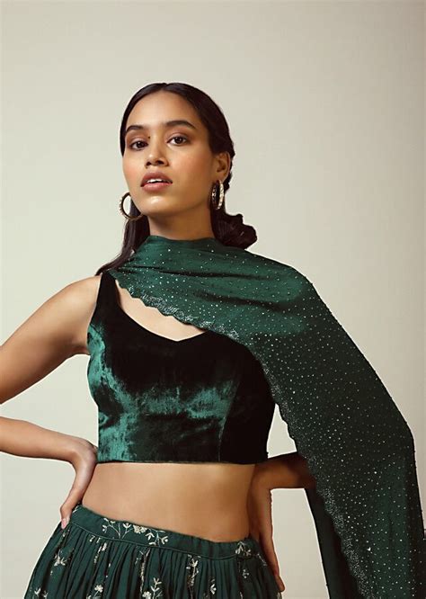 Velvet Sleeve Kalki Indian Designer Outfits Green Blouse Leaf Shapes Green Fabric Ruffle