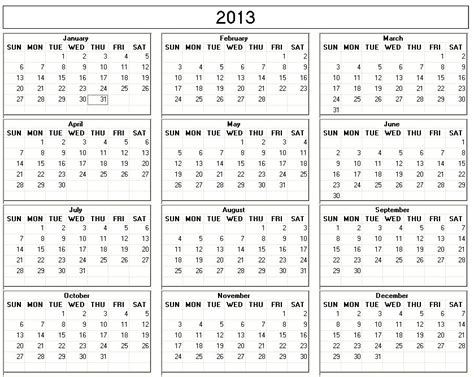 Yearly 2013 Printable Calendar Large Black And White Week Starts On