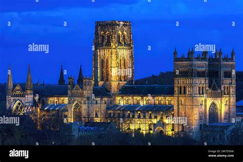 Durham Cathedral Floodlit At Dusk Durham City County Durham England