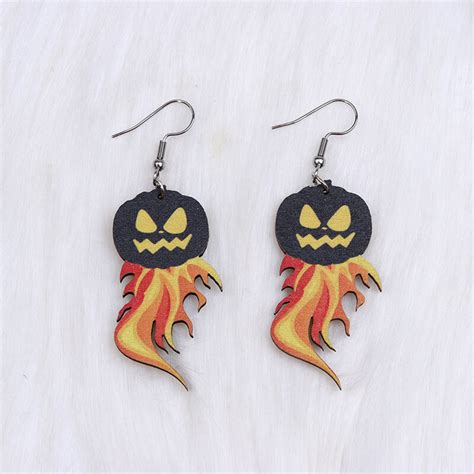 Flame Pumpkin Wood Halloween Earrings Gthic