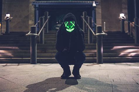 Hd Wallpaper Man Wearing Pullover Hoodie And Green Led Mask Person