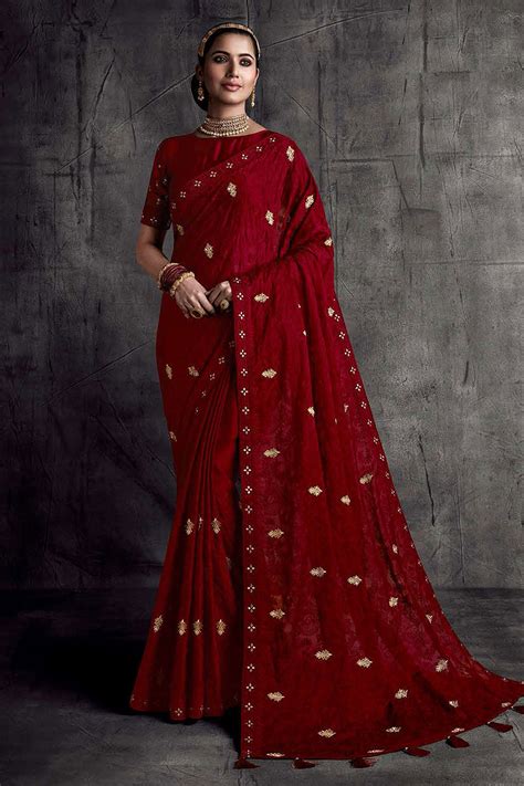Buy Red Silk Embroidered Bordered Saree Online Like A Diva