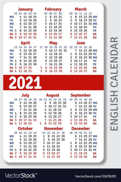 English Calendar Grid For 2021 Royalty Free Vector Image