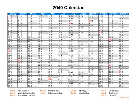 2040 Calendar Horizontal One Page