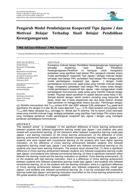 Pdf Pengaruh Model Pembelajaran Kooperatif Tipe Jigsaw I Dan Motivasi