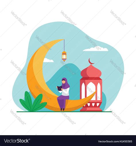 Muslim Hijab Girl Sitting On The Crescent Moon Vector Image The Best Porn Website