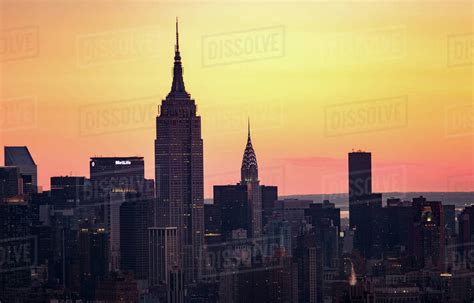 Usa New York State New York City Office Buildings At Sunset Stock