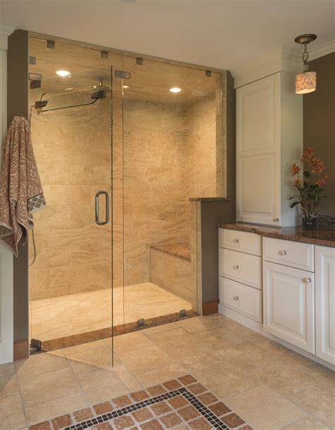 What to do with a steam shower in a cabin? A curbless steam shower with a floor-to-ceiling frameless ...