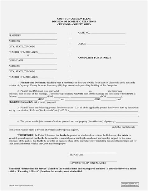 Ohio Divorce Forms Free Templates In Pdf Word Excel To Print