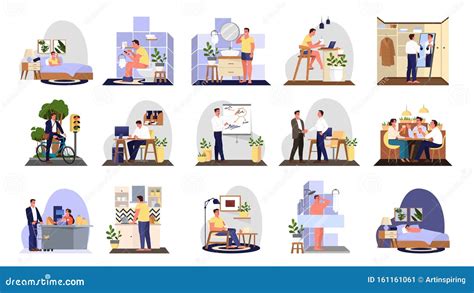 Daily Routine Of A Man Set Guy Having Breakfast Stock Vector