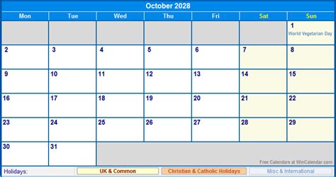 October 2028 Uk Calendar With Holidays For Printing Image Format