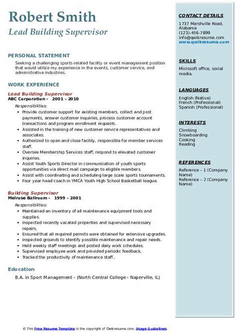 Building Supervisor Resume Samples | QwikResume