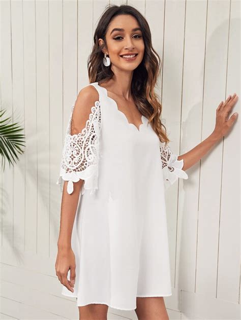 Shein Clasi Cold Shoulder Guipure Lace Sleeve Scallop Trim Neck Dress