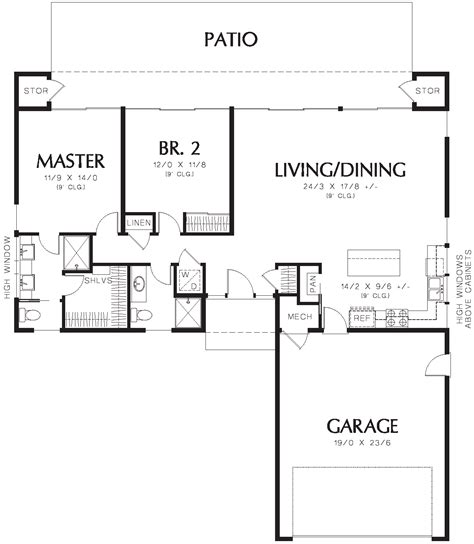 It is a house with a traditional architecture, with the roof in four waters, customized by modern elements, such as vertical glazing and decorative elements with bricks. Small modern L-shaped 2-bedroom ranch house plan