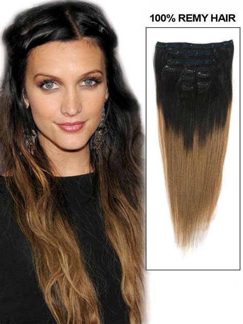 24 Inch Ash Brown And Natural Black Ombre Clip In Hair Extensions Two