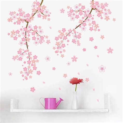 Merah Muda Bunga Cabang Pohon Bunga Sakura Dekorasi Rumah Stiker Dinding Ruang Tamu Kamar Tidur