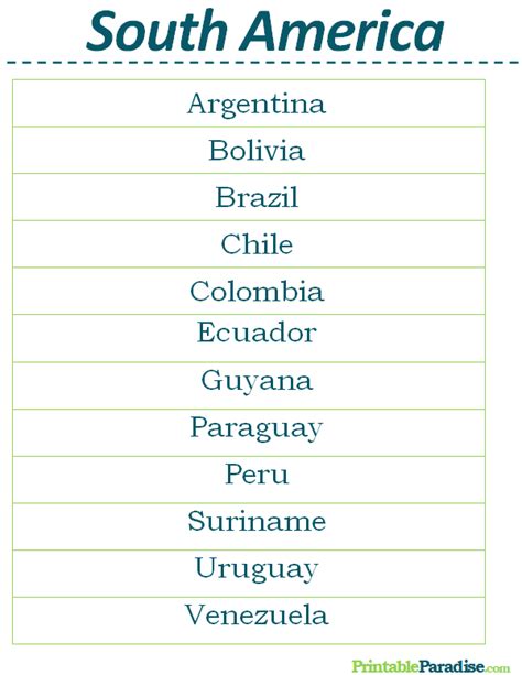 Printable List Of Countries In South America List Of All Countries