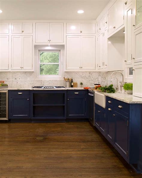 Blue kitchen cabinets with gray marble countertops. White Upper and Dark Blue Lower Cabinets in a Fantastic ...