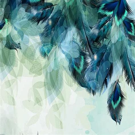 Custom Size Wallpaper Mural Nordic Minimalism Blue Feathers Bvm Home