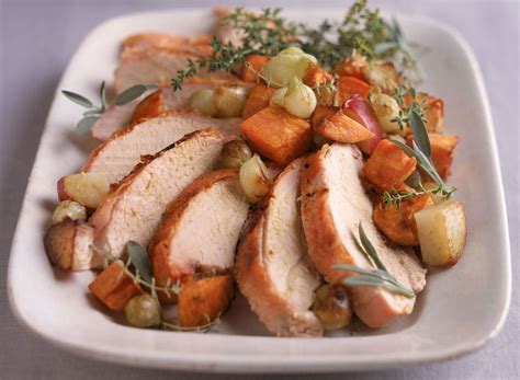 When pork loin has browned, add to roasting pan or baking sheet. Roast Pork Loin Recipe With Sweet Potatoes and Apples
