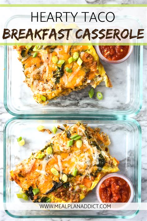 The casserole cleanse starts now. This Hearty Taco Breakfast Casserole is made on Sunday and is a portable meal prep breakfast for ...