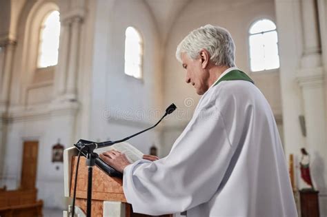 Priest Reading Sermon At Ceremony In Church Stock Photo Image Of