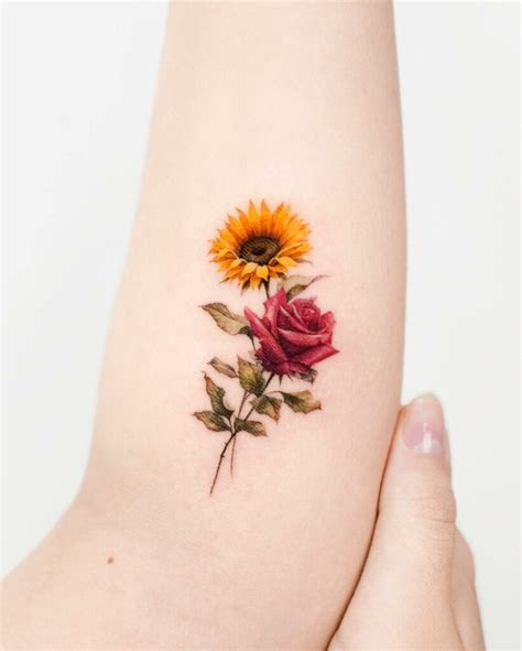 Half Sunflower Half Rose Tattoo