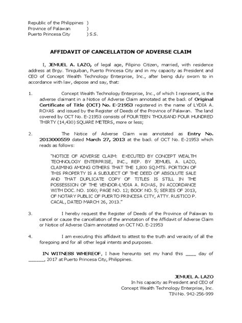 Affidavit Of Cancellation Of Adverse Claim Affidavit Civil Law